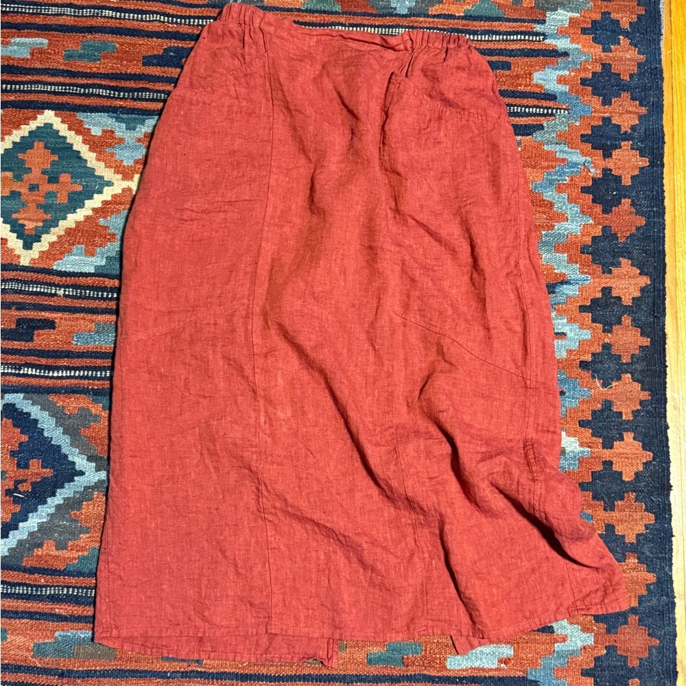 FLAX Linen Midi Skirt Patch Pockets with Back Slit Brick Red L